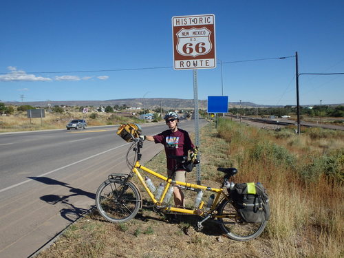 GDMBR: Terry Struck and the Bee are in front of the Historic Route 66 marker.